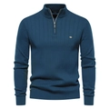 Detail of blue men's sweater featuring a metal zip neck and vertical ribbed knit texture - Denim Blue