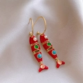 Elegant fish-shaped red enamel earrings with colorful beads on beige silk fabric - Creative Enamel Fish Style (134#) / Gold/Red