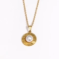 Minimalist 18K gold plated flower shell pendant with round pearl on white background - Wave Texture Round (Style 10)