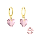 S925 sterling silver gold hoop earrings with pink heart crystal pendants on white background - Gold-Pink