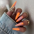 Uñas postizas stiletto largas en naranja y rosa nude mate con diseño geométrico - Tipo de Pegamento / Patchwork Naranja Rosa Mate (CJCY-144)