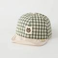 Detailed view of baby soft brim baseball cap with green plaid and cute bear patch - Toddler One Size / Cloth Label Bear Green