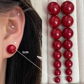 Minimalist 1cm glossy red pearl stud earrings with S925 silver needles on model - 4163-1.0cm Red Bead Stud