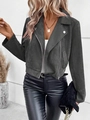 Detail of dark grey faux suede biker jacket with lapel collar and zipper pockets - S / Dark Gray