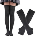 Detail of dark grey over-the-knee knit leg warmers with stirrup opening for cosplay - Dark Grey Socks and Dark Grey Gloves
