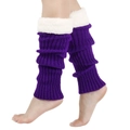 Close-up of purple cable knit leg warmers with white faux fur trim on model's legs - One Size / Deep purple