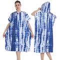 Quick-dry microfiber surf poncho towel with hood and blue tie-dye stripe pattern - One Size / Button Style - Vertical Tie-Dye