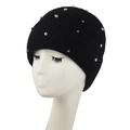 Close-up of black ribbed knit beanie with silver rhinestones and metal beads on mannequin - L (58-60cm) / Black