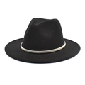 Detail of classic black wool fedora hat with a slim silver metallic decorative band - Black