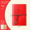 Red A7 vintage leaf embossed notebook with PU leather cover and metal leaf pendant - Lined / Red / A7