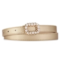 Elegant gold skinny belt for women featuring a buckle inlaid with pearls and rhinestones - Gold