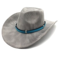 Detailed view of woven western cowboy hat with blue-black decorative band and metal buckle - M(56-58cm) / Striped Grey