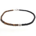 Collana in occhio di tigre e ossidiana con perla in metallo argentato e chiusura a levetta - Occhio di Tigre Giallo + Ossidiana