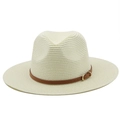 Detailed view of the woven texture and brown leather strap with gold buckle on a straw hat - M (56-58cm) / Creamy White