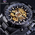 Forsining black stainless steel automatic mechanical skeleton watch with gold movement gear - Black Strap Gold Movement
