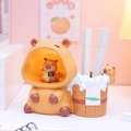Brown Capybara night light pen holder with mini camera detail and wooden bucket design - Camera Capybara Style (2104-57A)