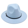 Detail of light blue fedora hat featuring a black leather band with a metal buckle - L / Sky Blue