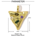 Macro detail of triangle pendant showing dimensions 22mm x 17mm with colorful zircons - Multi-Color Zircon Triangle (YE951)