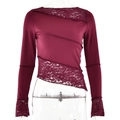 Detailed view of burgundy slim fit top featuring asymmetric lace patchwork and hem - S / Burgundy