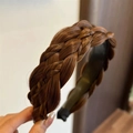 Hand-braided dark brown fishtail headband with anti-slip teeth for high skull top look - Five-strand Sandwich Braid (3.5CM Narrow) / Tan