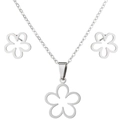 Close-up of hollowed floral pendant necklace and matching stud earrings in silver metal - Flower Steel