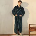 Men's long forest green flannel bathrobe with white piping and waist tie belt - Forest Green (Male)