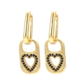 Golden earrings with hollow heart pendants and black zircon inlay on a white background - Gold-Black