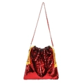 Sparkling red sequin bucket bag featuring yellow tassels and a gold metal chain strap - Red