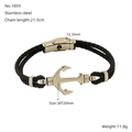 Dettaglio bracciale in pelle intrecciata nera con ciondolo ad ancora in acciaio inox - Stile Ancora (ZH1859S)