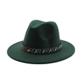Detail of dark green wool fedora with beaded brown leather band on white background - Dark Green