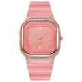 Stylish square quartz watch for women with pink silicone strap and rhinestone markers - Pink