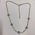 Gold-plated floral choker necklace with purple zircon petals and crystal claw chain - Purple