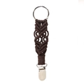 Handmade dark brown macrame hat clip for travel with silver metal ring and clip - Coffee Brown Style E