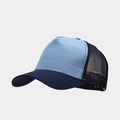 Close-up of contrast panel trucker hat with breathable mesh and adjustable snapback - Adjustable / Light Blue + Navy Brim