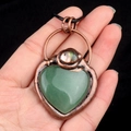 Vintage copper heart pendant with green natural stone and rainbow inlay on black cord - Green Aventurine