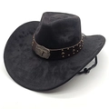 Black faux suede cowboy hat with wide brim, silver bull head emblem and brown leather strap - M (56-58cm) / Black
