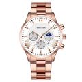 Men's rose gold chronograph quartz watch with white sunray dial and steel strap - White Dial Rose Gold Hands Rose Gold Band (Flat End)