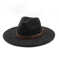 Klassischer schwarzer Fedora-Hut aus Wildleder mit braunem Lederband und Metallschnalle - M (56-59cm) / Schwarz