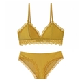 Lace bralette and panty lingerie set in mustard yellow with ribbed texture details - S (Fit 70ABC) / Top And Bottom / Turmeric