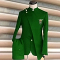 Plus size men's mandarin collar suit in bright green with metal buttons and chest badge - XXS / Green