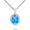 Silver pendant necklace with oval blue gemstone surrounded by white zircons on silver chain - Blue Diamond Necklace Xl-125
