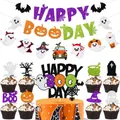 Halloween party decoration set with Happy Boo Day glitter banner and ghost cake toppers - Halloween Banner and Cake Topper Set