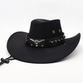 Black western cowboy hat with leather belt featuring bull head metal studs and wind rope - M Adult One Size (56-58cm) / Black