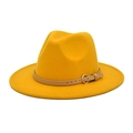Detailed close-up of yellow wool fedora hat with a khaki leather belt and metal buckle - M (56-58cm) / Yellow
