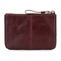 Vintage burgundy crazy horse leather coin purse with double stitching and metal zipper - Premium Oil Leather Purple