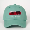 Detail of teal cotton baseball cap featuring TRUST NO ONE text and eye graphic - One Size / Deep Water Green