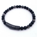 Men's beaded bracelet with black lava stones and matte metal magnetic buckle - Black Lava Rock With Gray Textured Stone (KB204628-SJ)