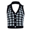 Gilet halter in maglia stile street con motivo a scacchi bianco e nero e profondo scollo a V - Taglia S / Plaid Nero