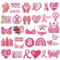Detailed macro view of 32 pink ribbon embroidery patches with hope and warrior motifs - Pink Ribbon Patch Assortment / 32 Pcs Set
