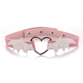 Detail of pink PU leather choker with white bat wings and heart-shaped metal buckle - White Wings Pink PU Choker